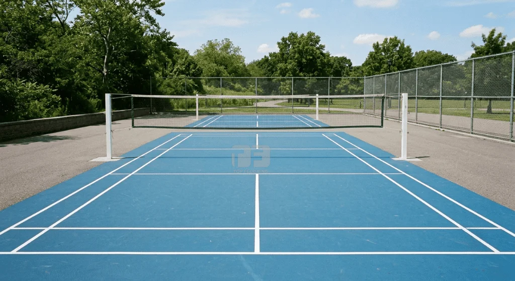 Xây chung mặt sân cầu lông - pickleball cao cấp 9 lớp sơn có 10% Hạt Cao Su US Open Laykold trên nền nhựa 